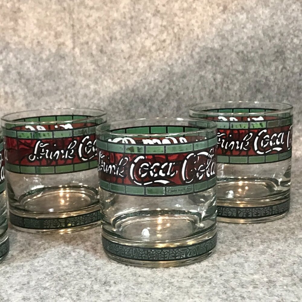6 Coca Cola Glasses Vintage Tiffany Style Stained "Drink Coca Cola" Glass - Picture 3 of 12